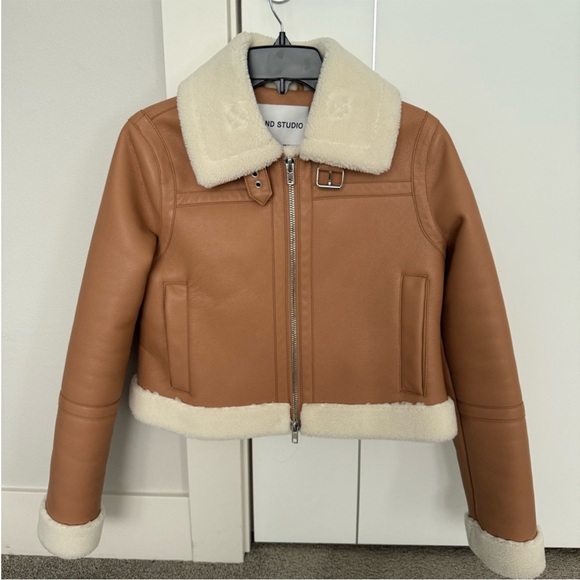Stand Studio Tan Leather Jacket with Shearling Collar - Picture 2 of 9